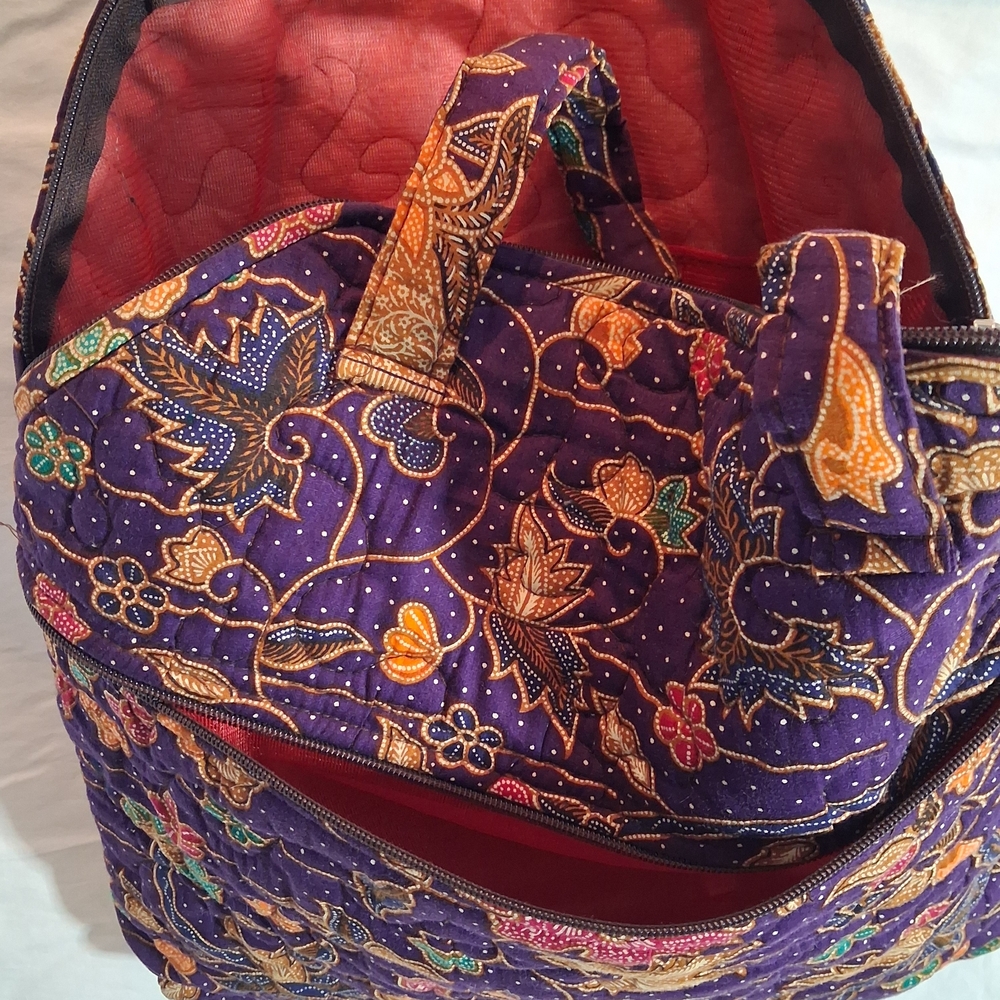 Quilted Purple Floral Tote Bag with Red Interior - Picture 5 of 7